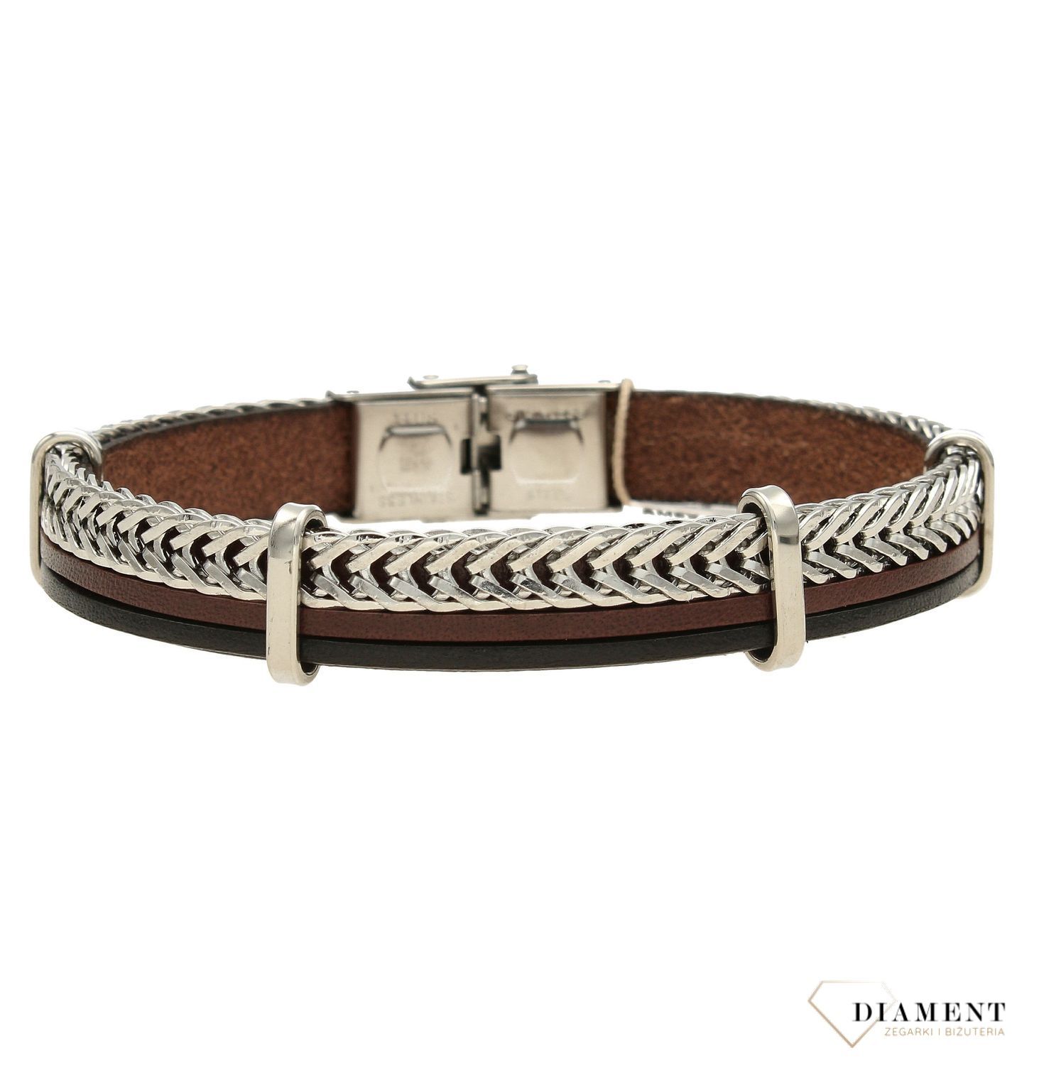 Bransoletka skórzana z ozdobnymi elementami stalowymi B SP BA13544. Elegancka bransoletka skórzana w kolorze czarnym i granatowym z łańcuszkiem w kolorze srebrnym które idealnie współgrają ze sobą.  (1).jpg